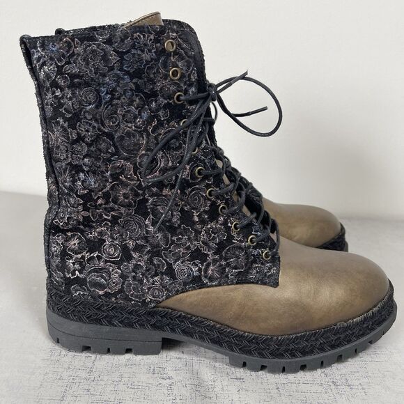 Eric Michael Women's Lace Up Combat Boots 10 - 10.5 Lug Sole Boho Floral Print - Picture 7 of 13
